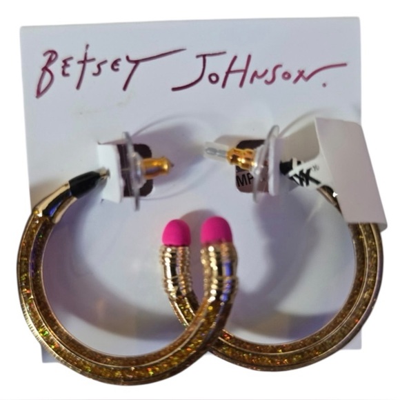 BETSEY JOHNSON Small Back to School Glittery Gold Pencil Hoop Earrings NEW NWT - Picture 6 of 6